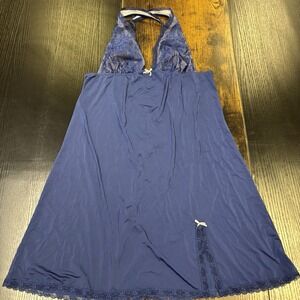 Victoria's Secret Small Lace Trim Navy Blue Halter Rackerback Sexy‎ Nightgown
